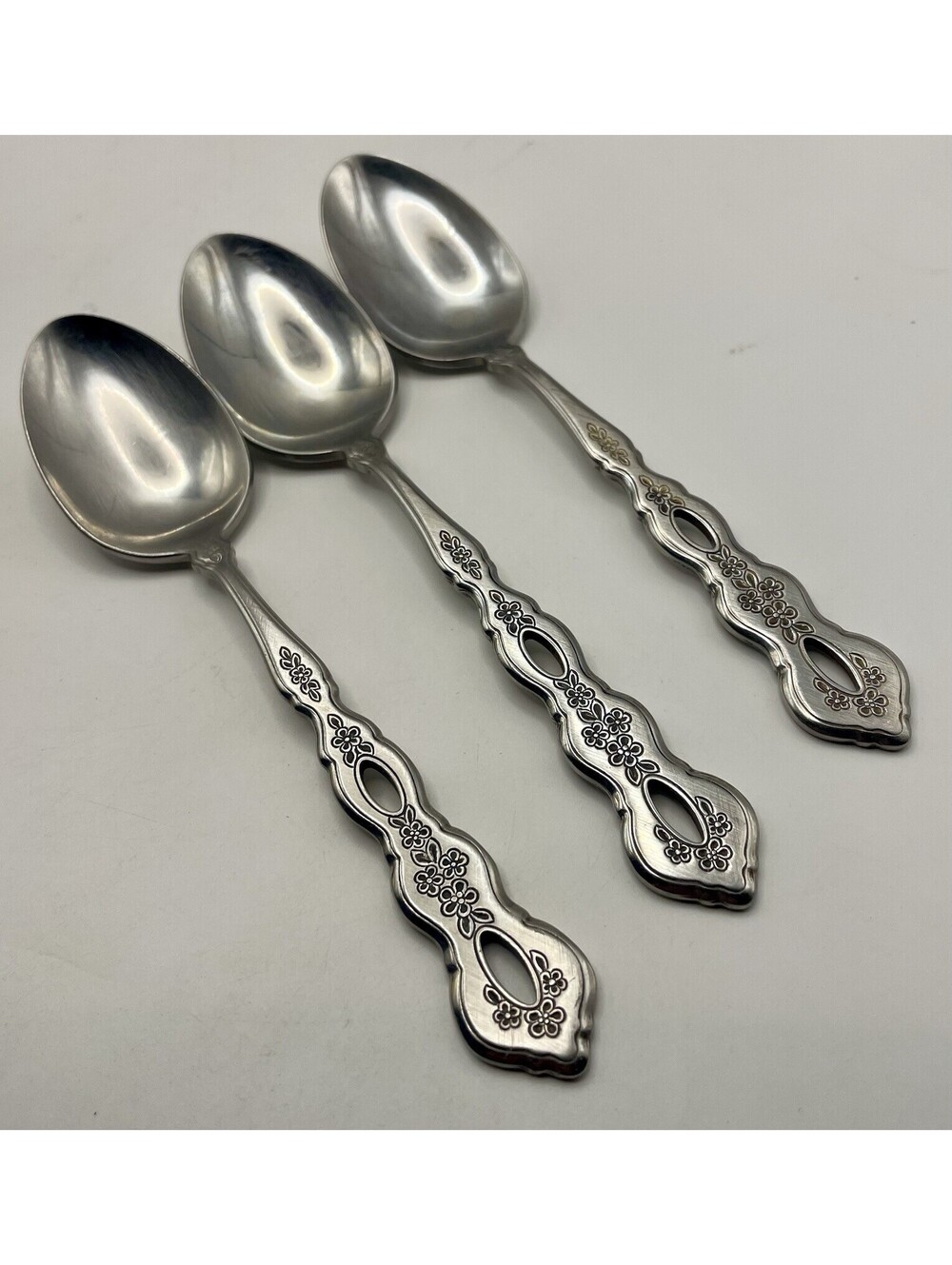 (3) Oneida Community FANTASY Burnished Stainless Pierced Hndl Teaspoon Lot ~ 6”